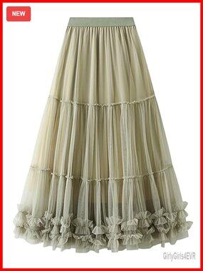 Tulle Maxi Skirt for Women Long Tiered A-Line Mesh Elastic Waist Layered